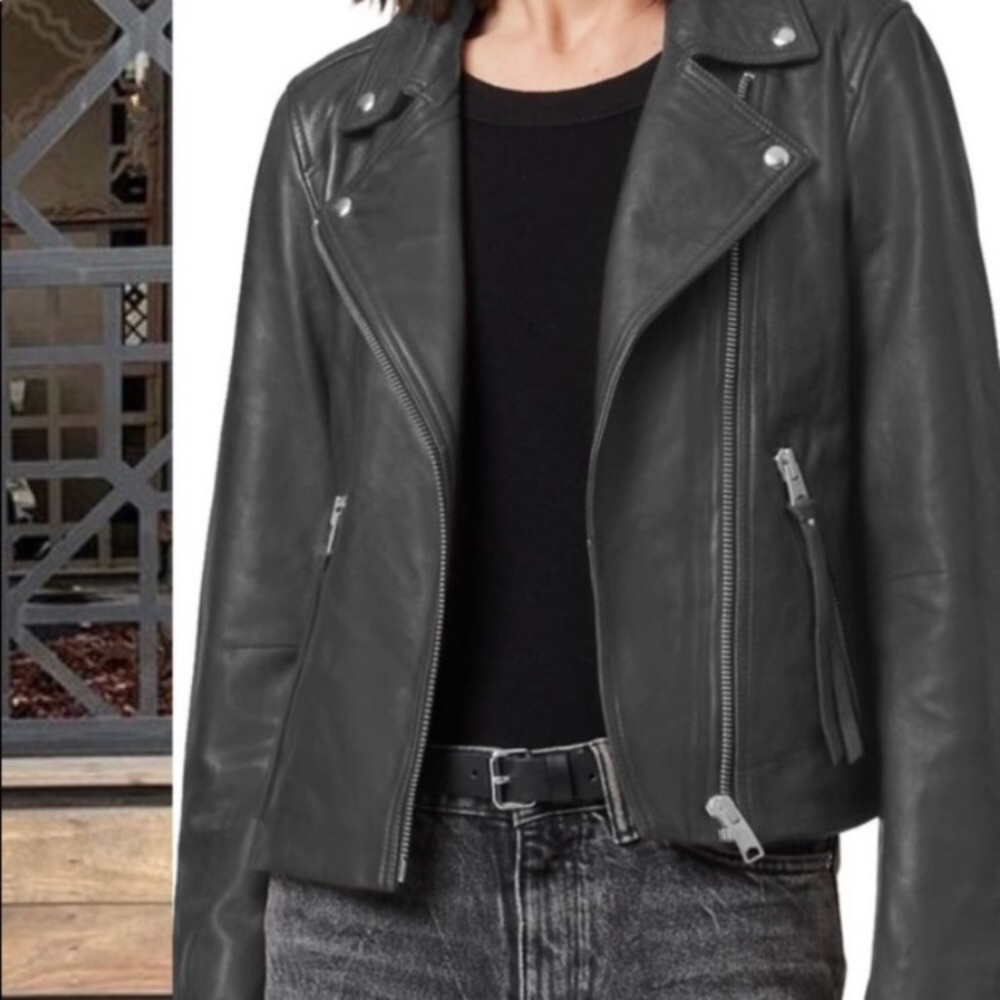 $569 NEW ALLSAINTS Dalby Leather Biker Jacket - Anthracite Grey - US 4